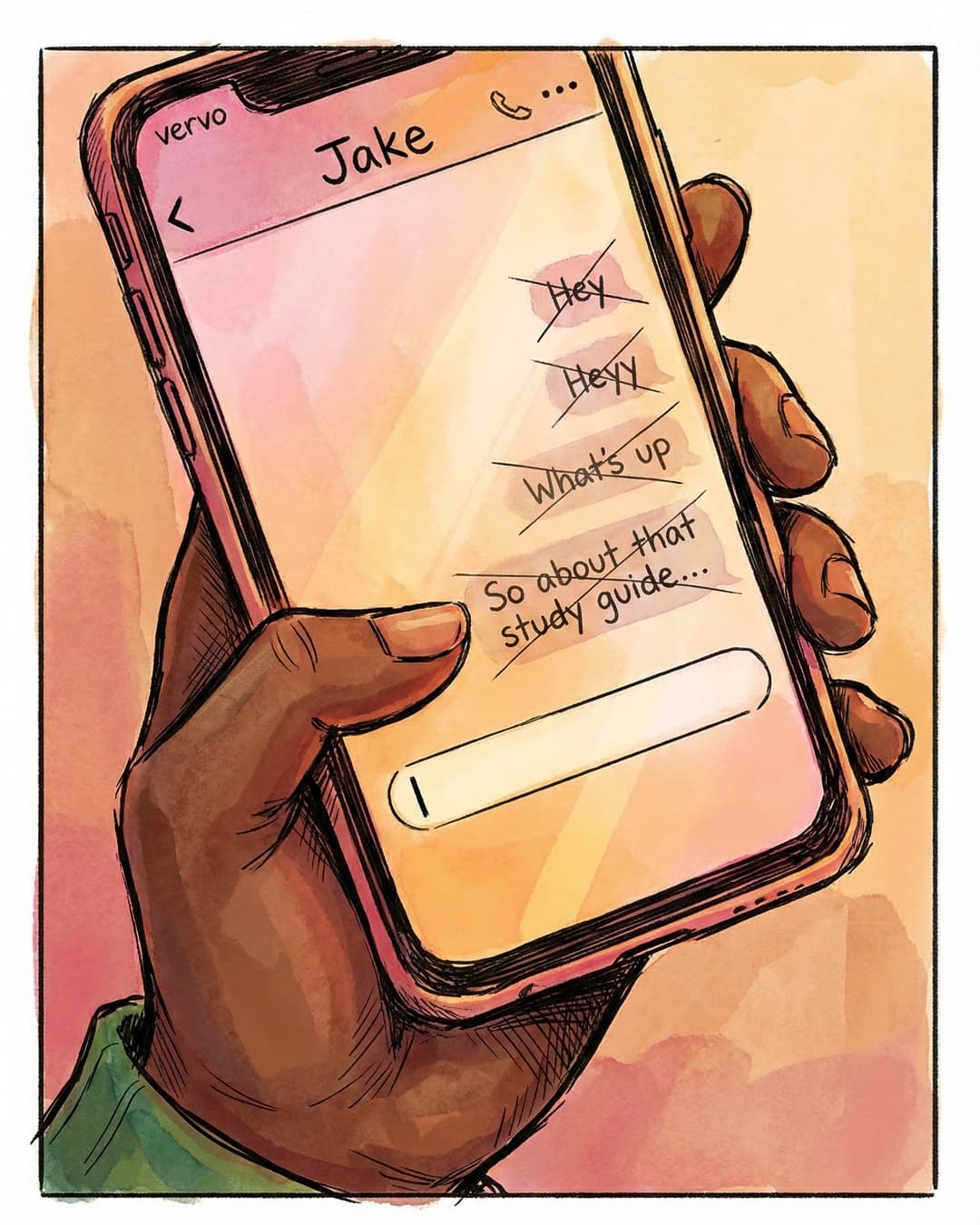 Panel 2 -- Close-up of Maya's phone showing a graveyard of deleted draft messages above an empty text field