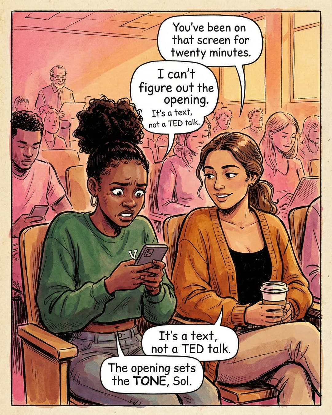 Panel 3 -- Sol slides into the seat next to Maya and tells her a text is not a TED talk