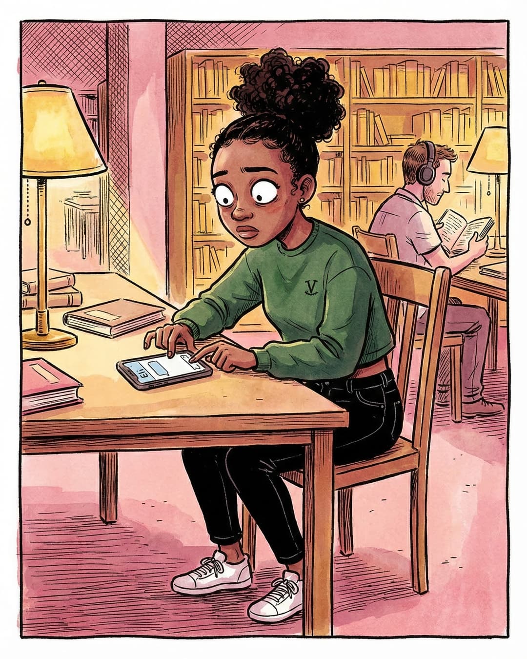 Panel 1 -- Maya at a library study table with fingers hovering over her phone, unable to text her crush sitting at the next table