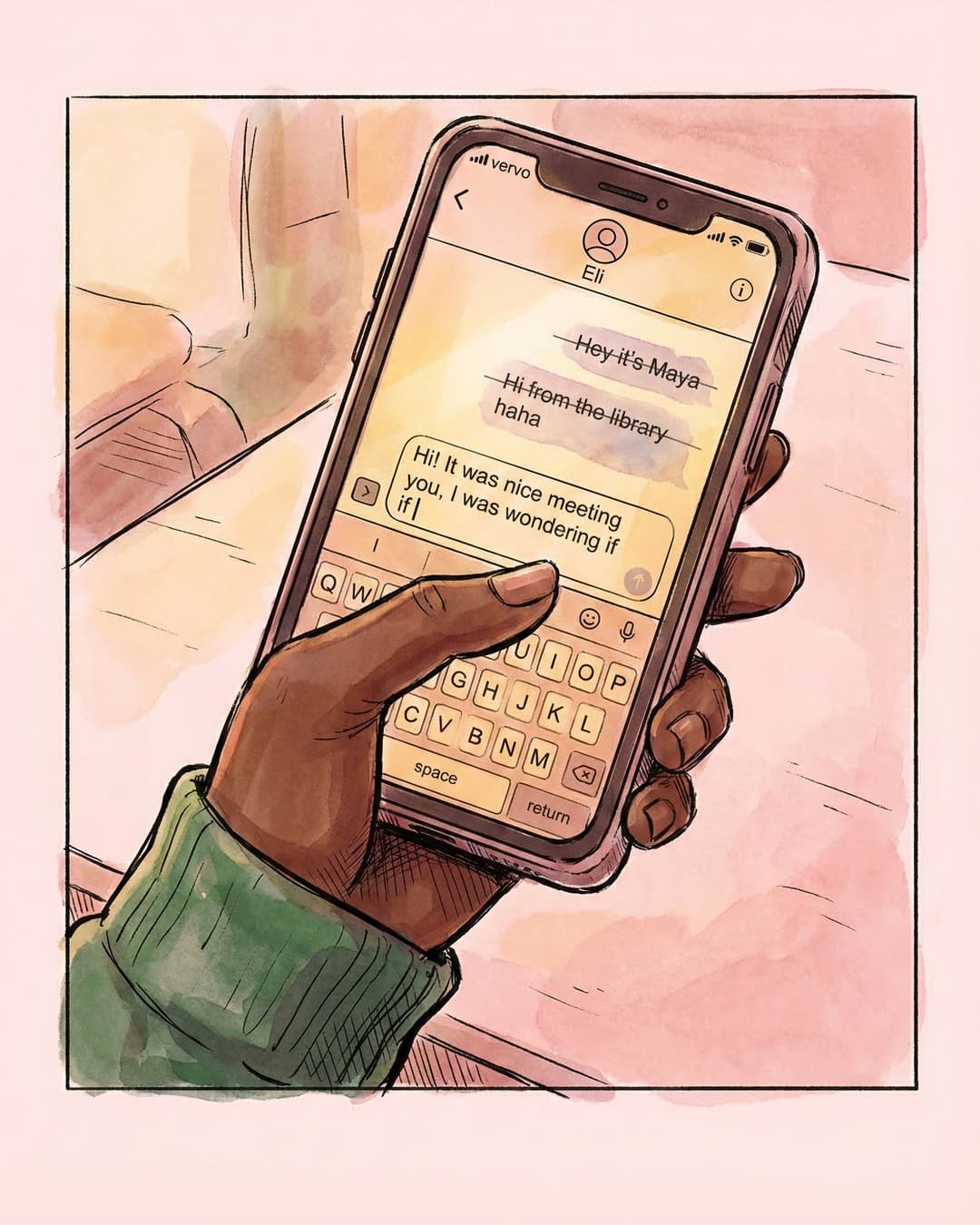Panel 2 -- Close-up of Maya's phone showing ghosted deleted drafts above an unfinished message
