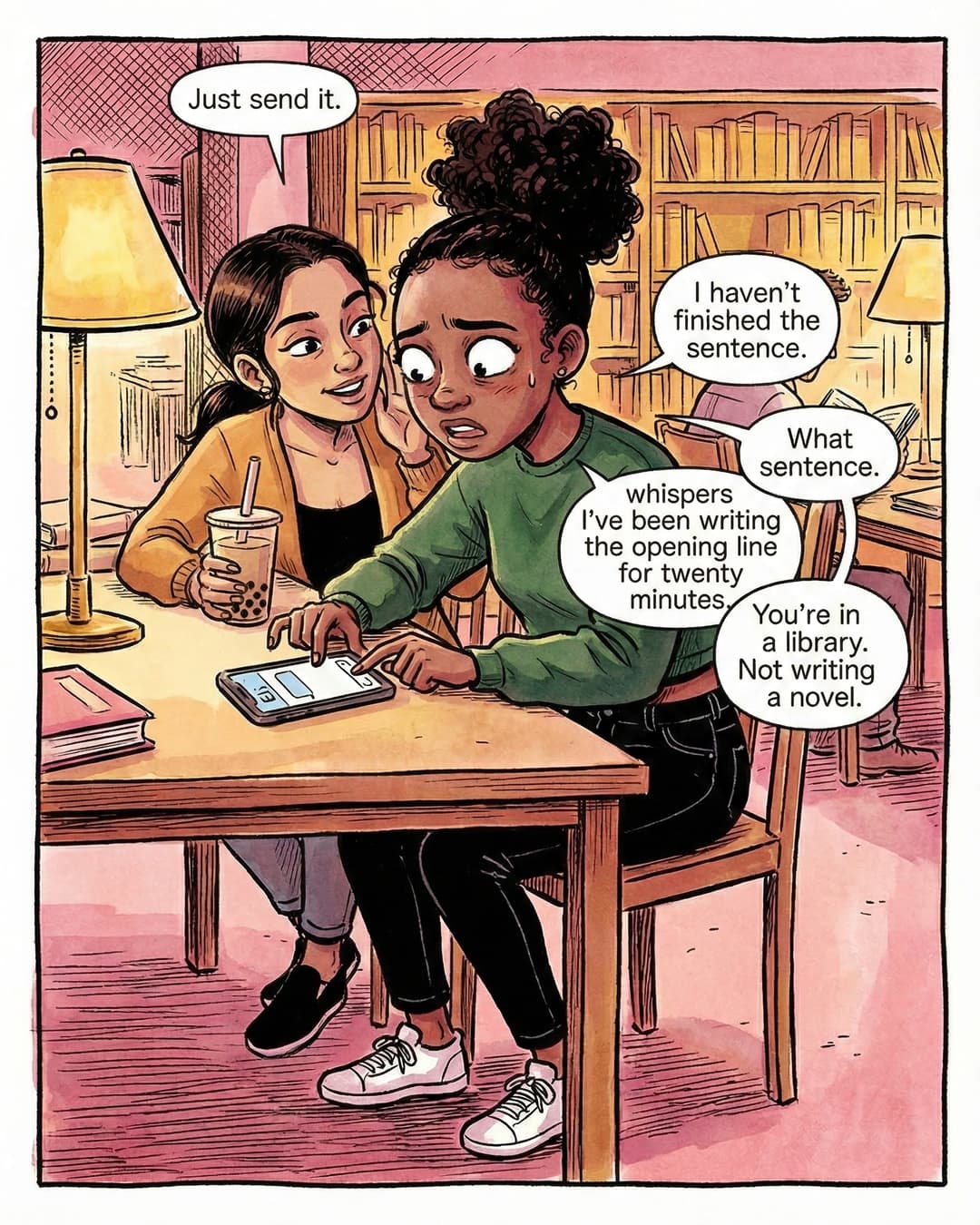 Panel 3 -- Sol slides across the library table with boba and tells Maya she is not writing a novel