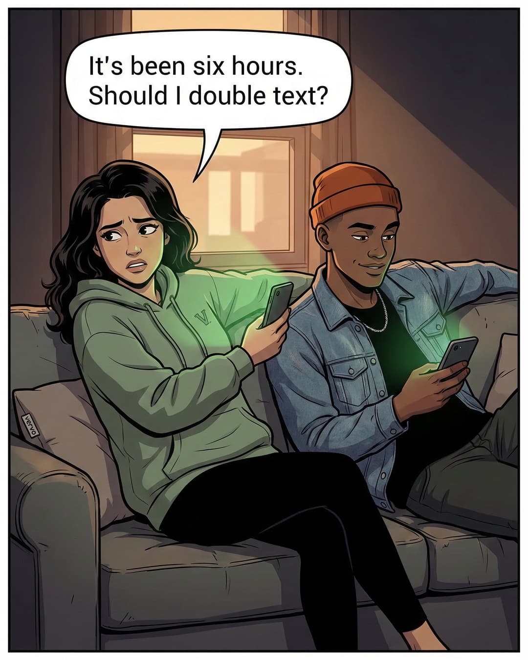 Panel 1 -- Emma holds her phone like it is contaminated while Chris scrolls casually on the couch