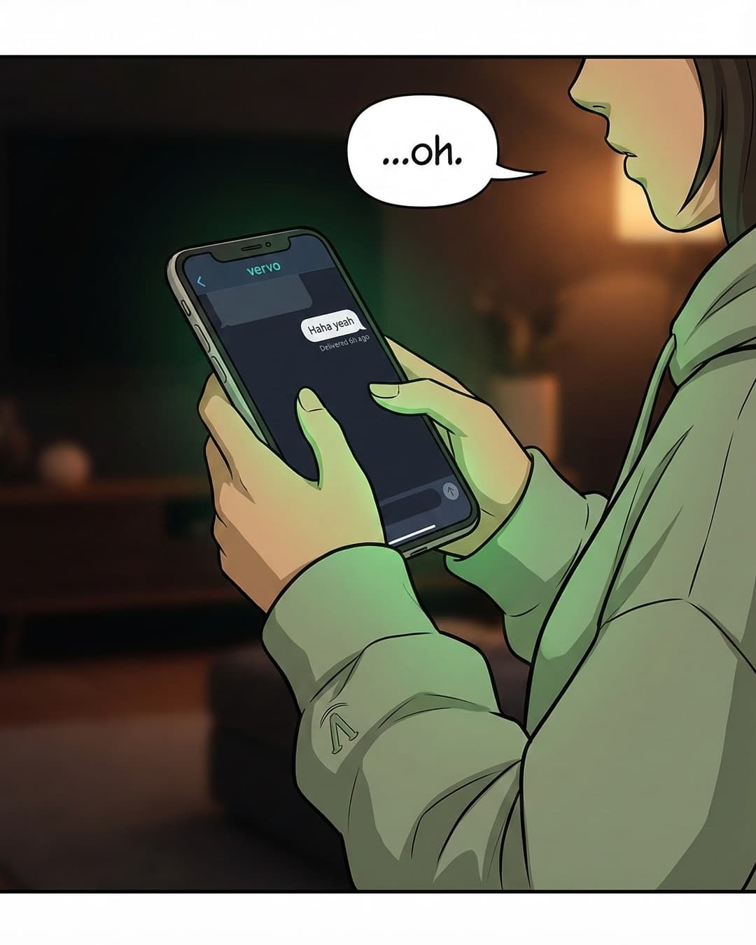 Panel 3 -- Close-up on Emma's phone showing her last text was just Haha yeah