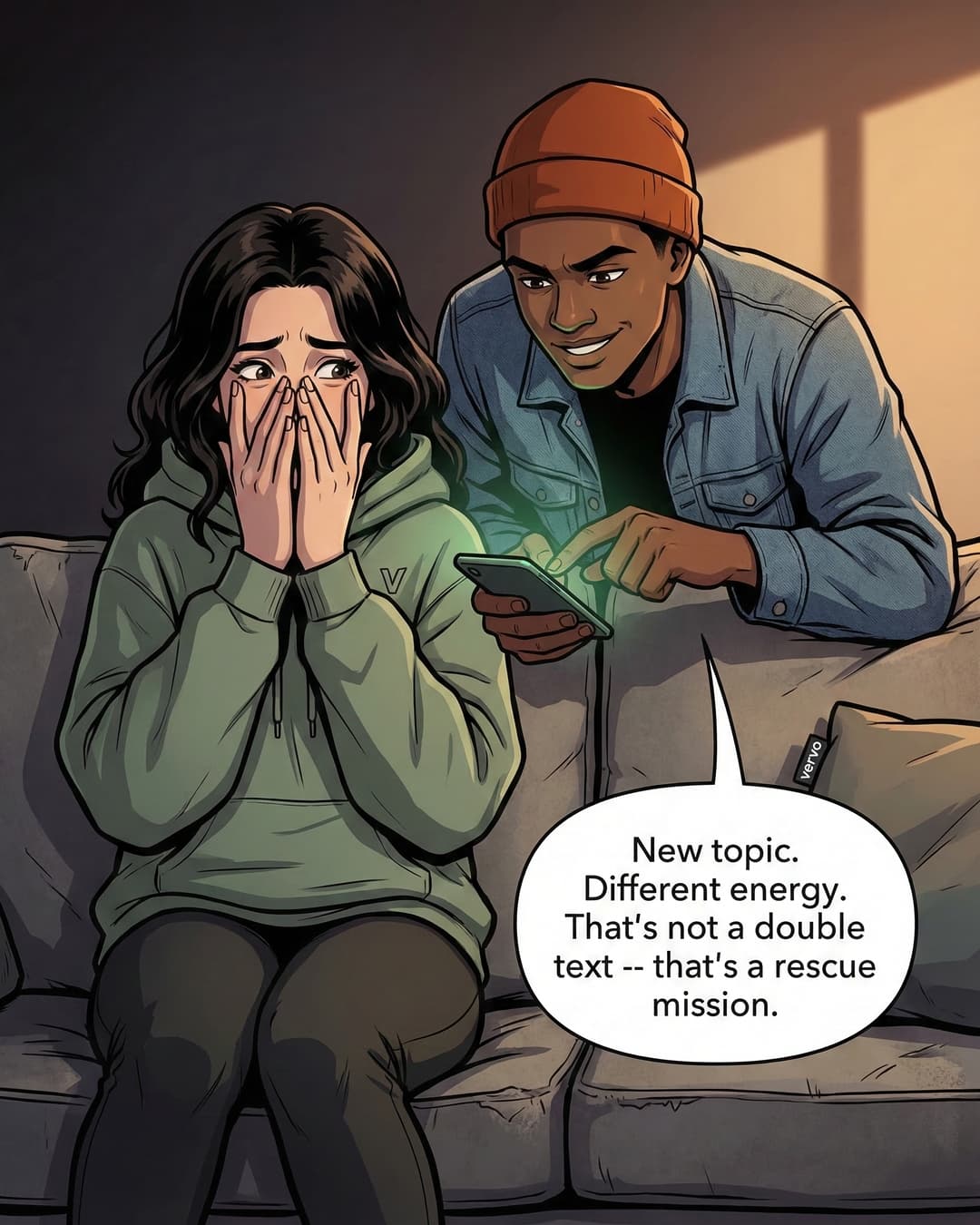 Panel 4 -- Chris takes Emma's phone and sends a rescue mission text