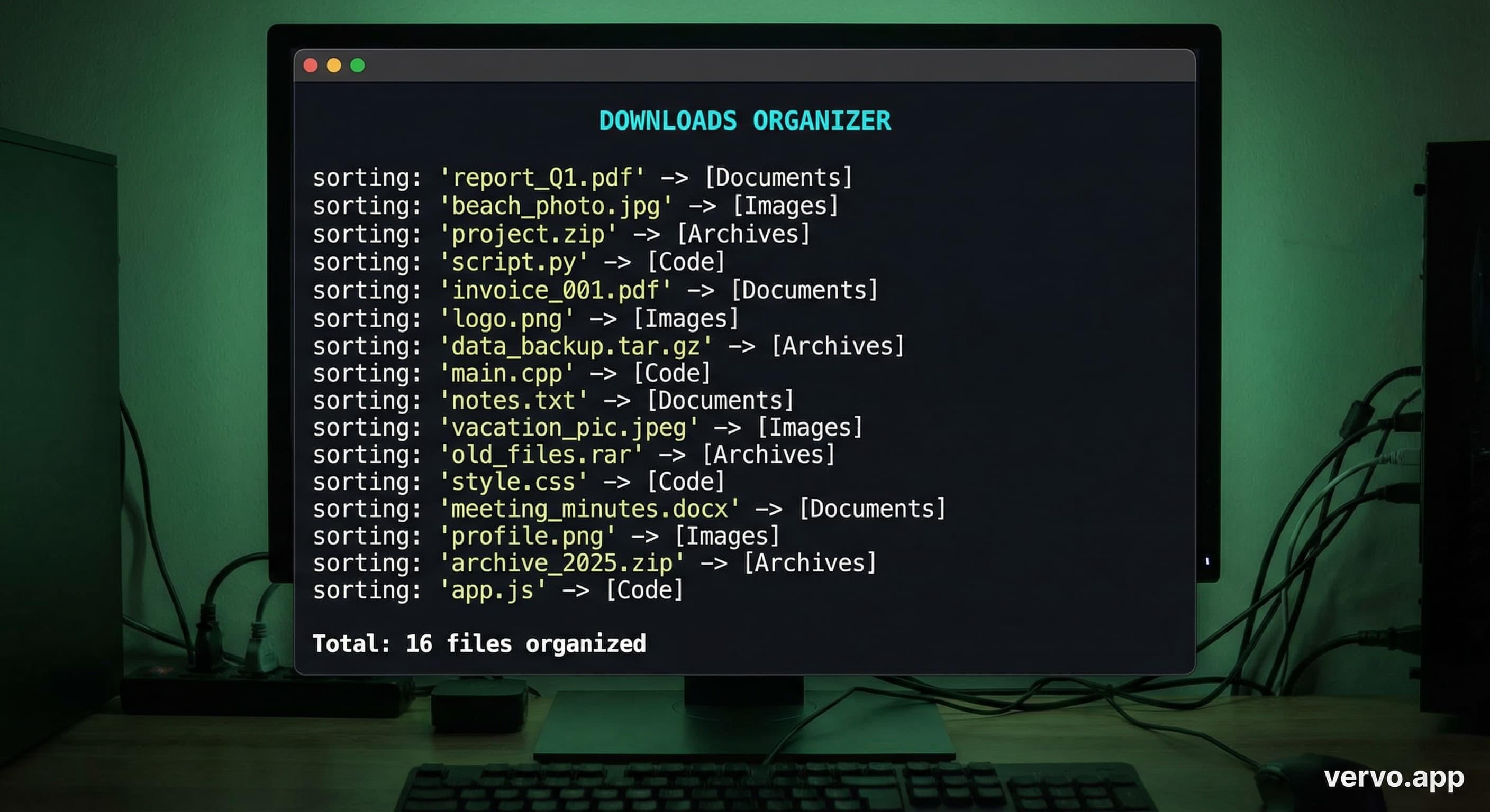 Terminal output showing the Downloads Organizer sorting 16 files into 7 categories