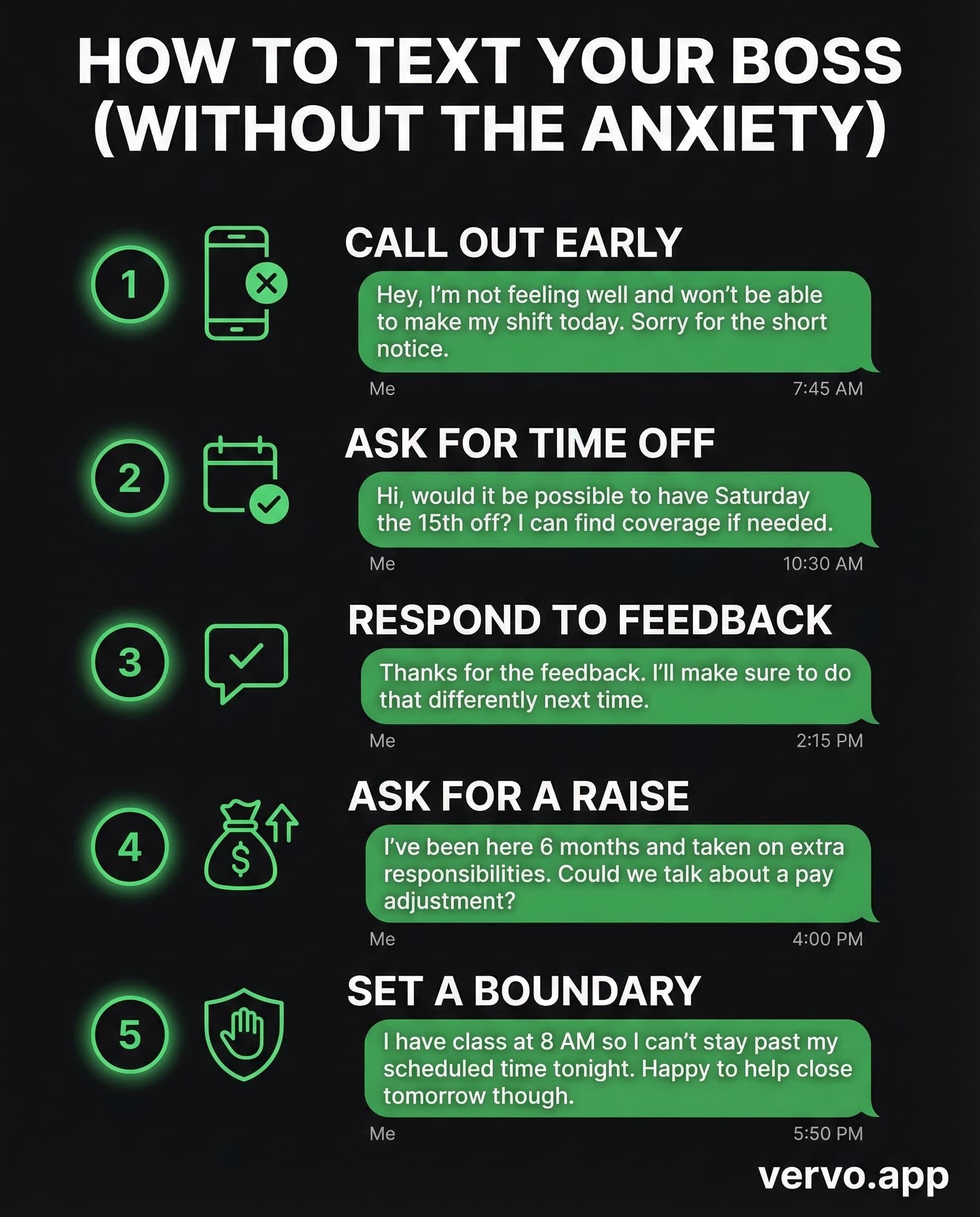 Infographic showing tips for Gen Z workplace communication -- how to text your boss, ask for time off, and handle feedback