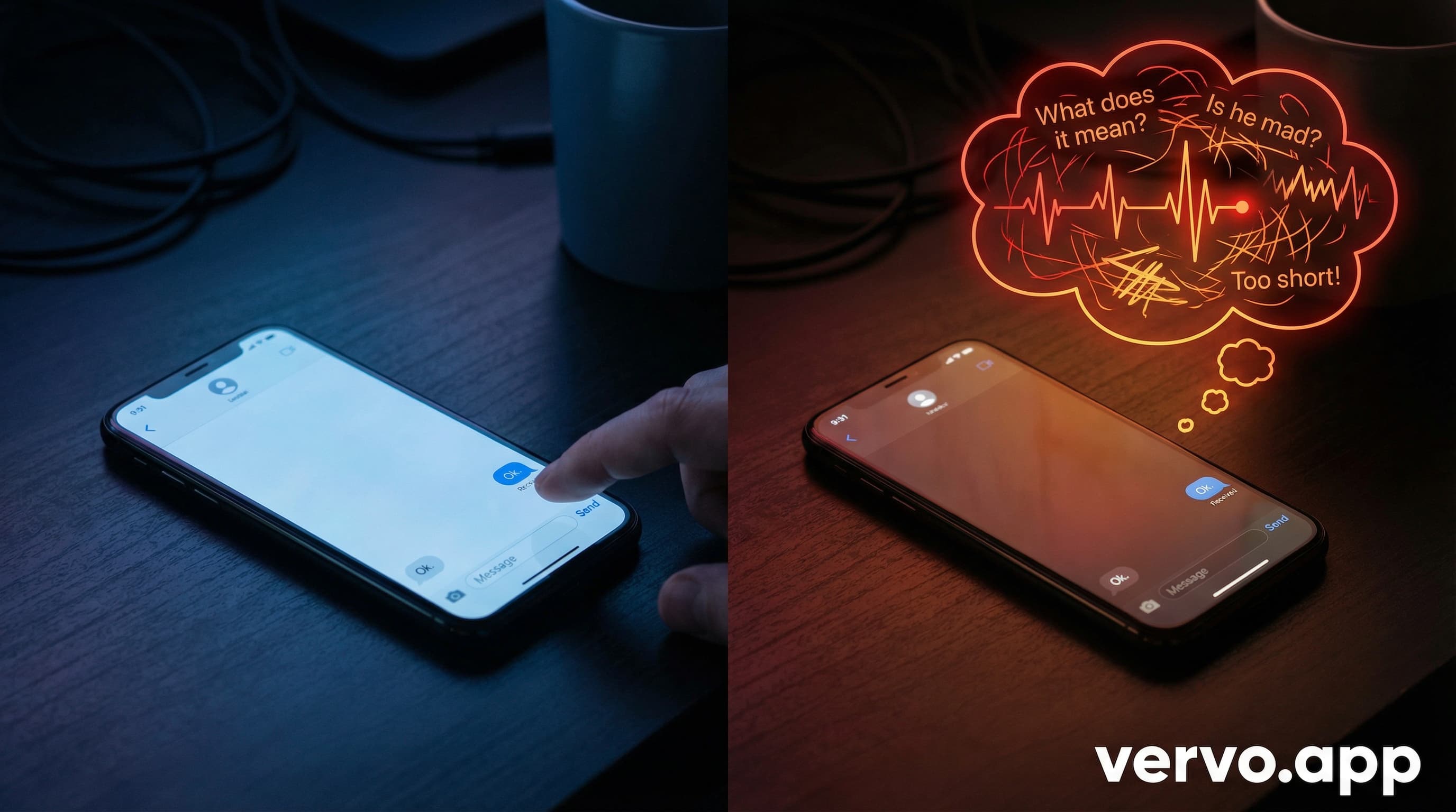 Two phones side by side: left shows someone casually typing Ok, right shows the same message received with an anxious thought bubble