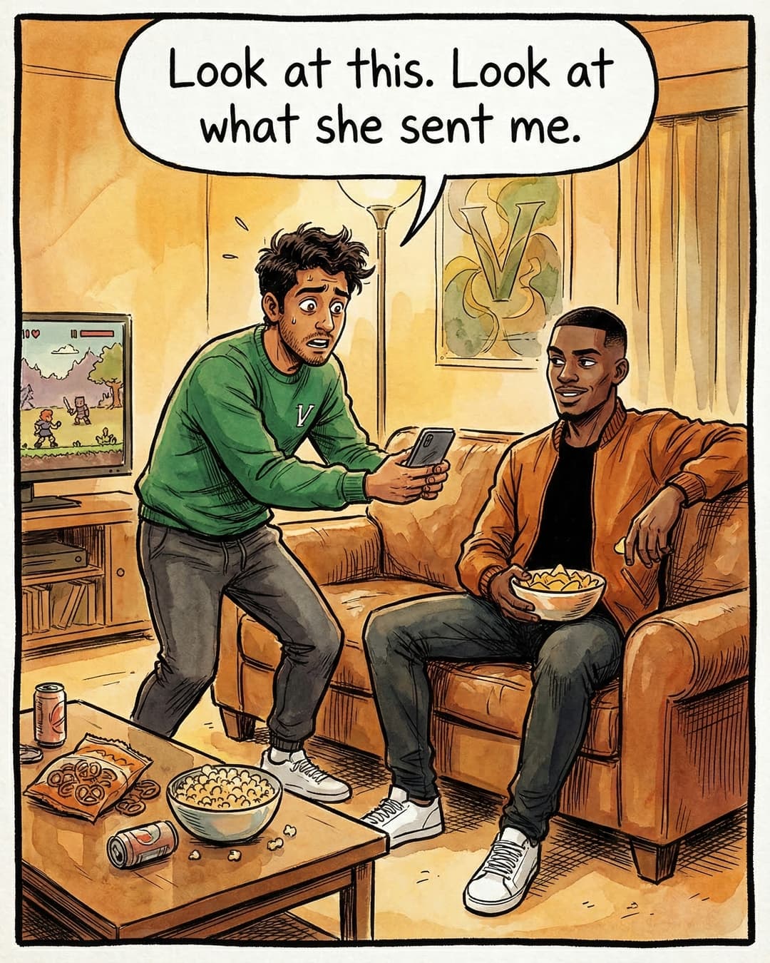 Panel 1 -- Peter holds his phone out to Greg like evidence at a trial