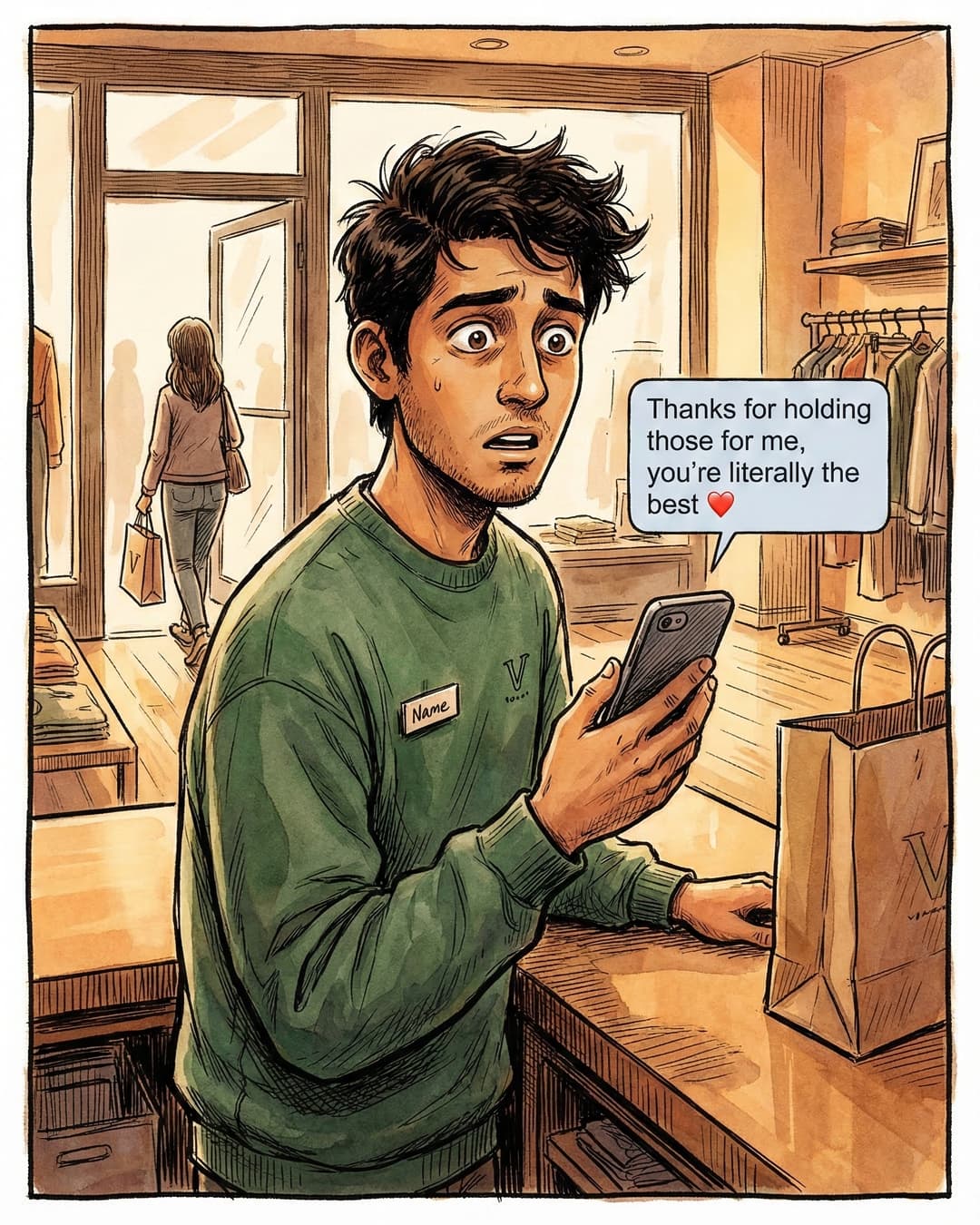 Panel 1 -- Peter frozen behind the retail counter as a customer walks away, phone showing a heart emoji text