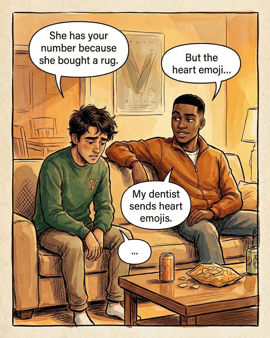 Panel 4 -- Greg tells Peter she has his number because she bought a rug
