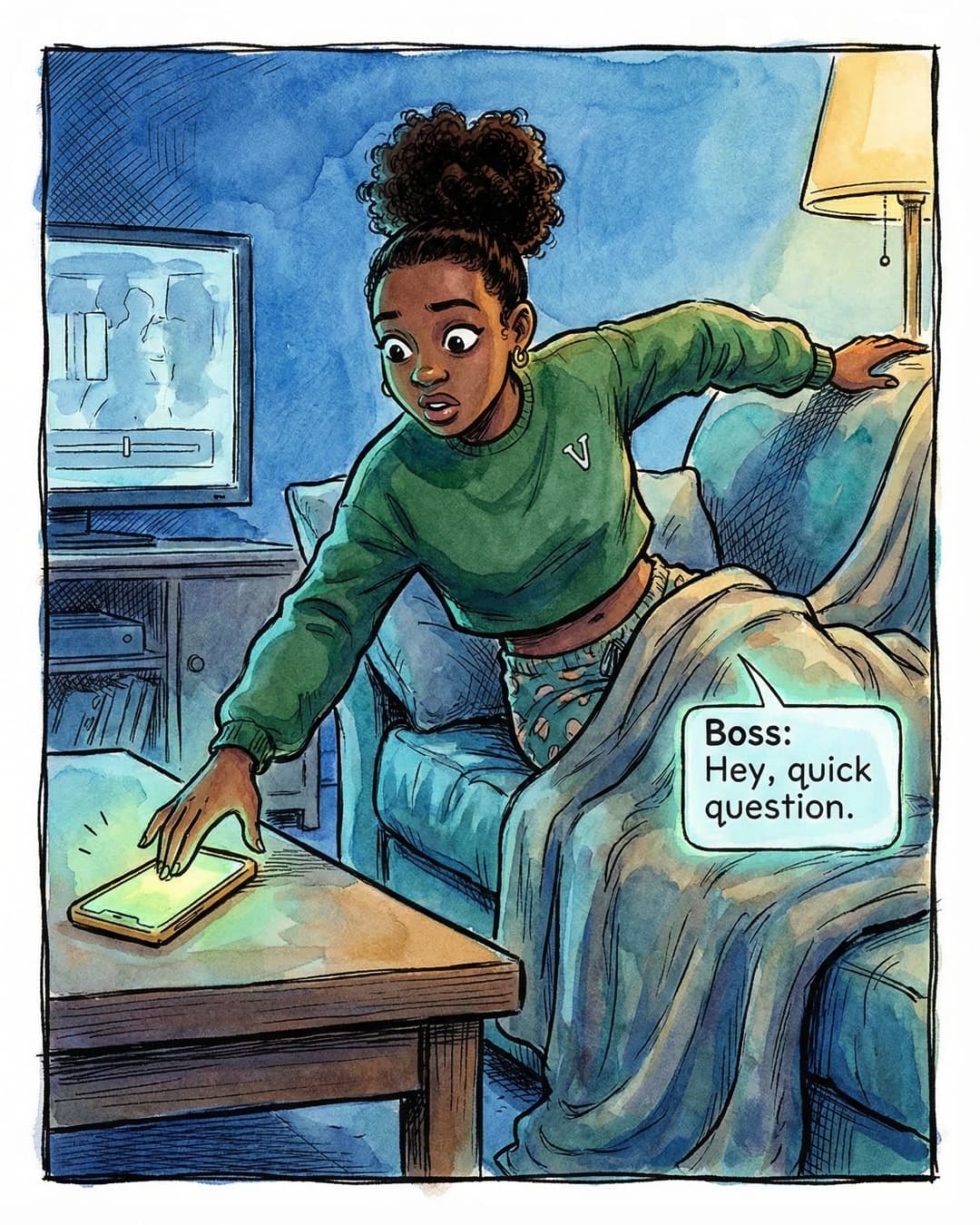 Panel 1 -- Maya on her couch at night, phone lighting up with a boss notification that says hey quick question