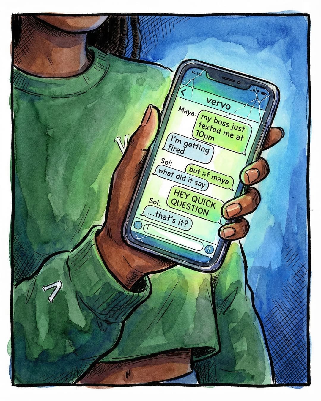 Panel 2 -- Close-up of Maya texting Sol in panic, convinced she is getting fired