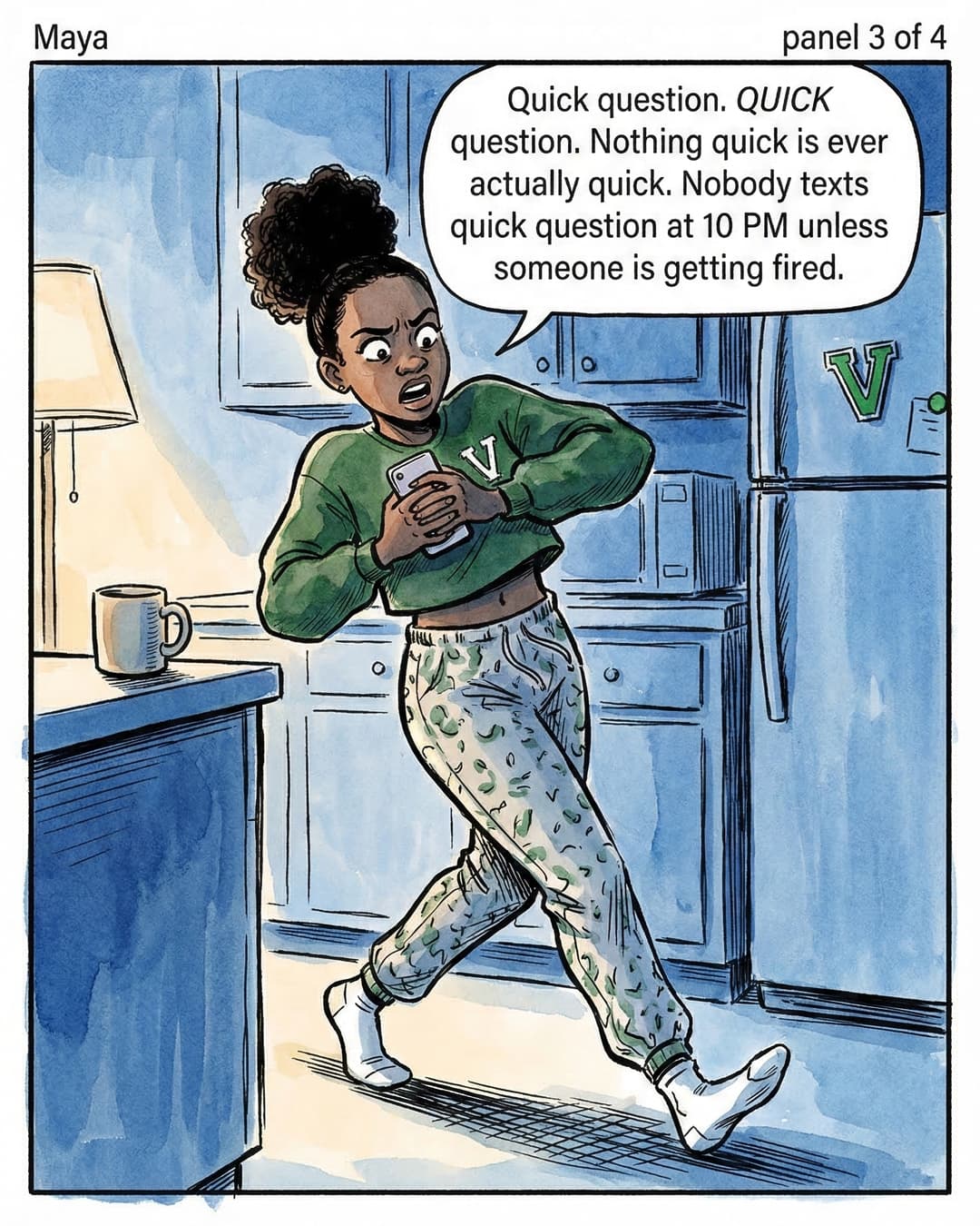 Panel 3 -- Maya pacing her apartment mid-spiral, phone pressed to her chest