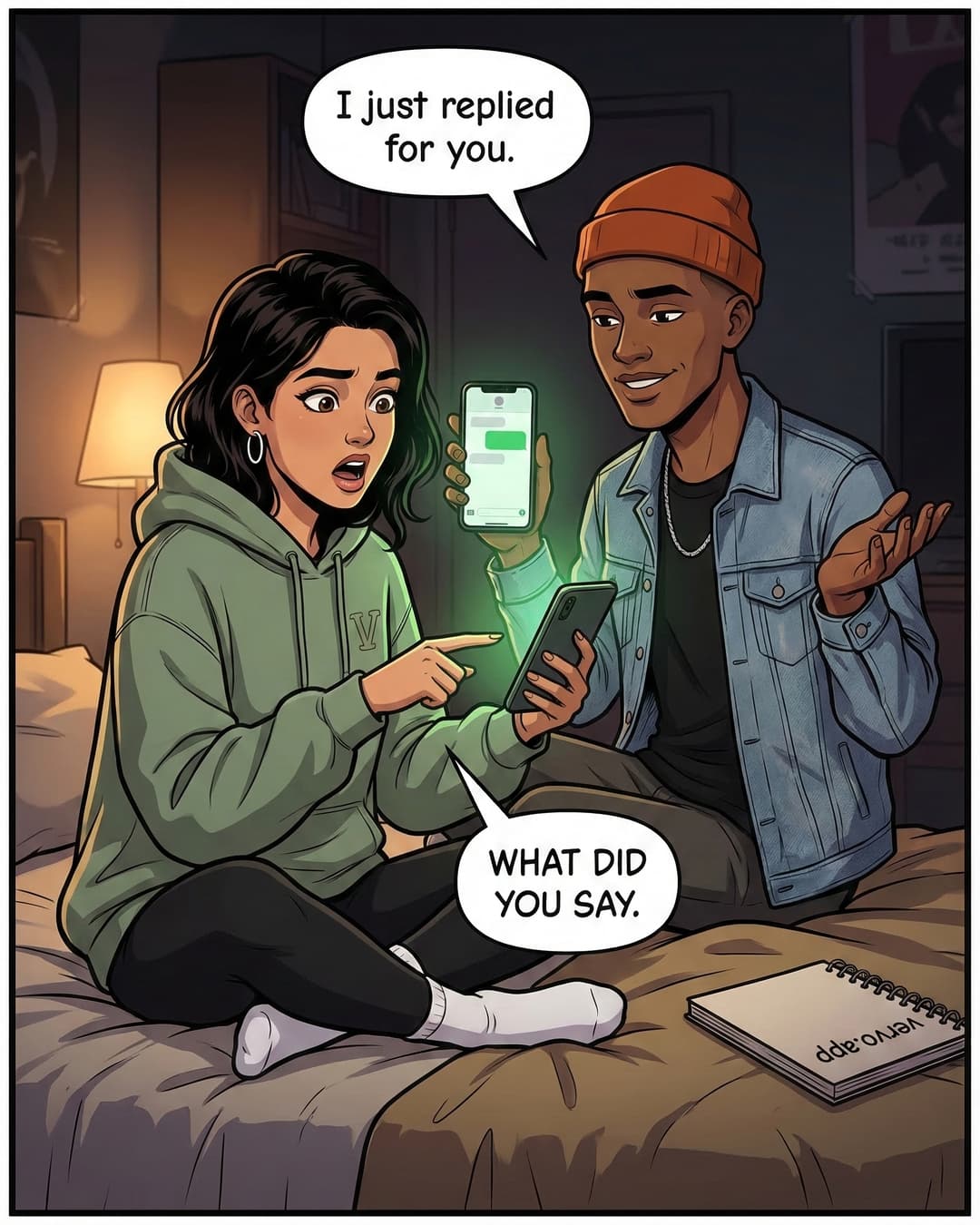 Panel 4 -- Chris holds up his phone showing he already replied for Emma while she points at it in shock