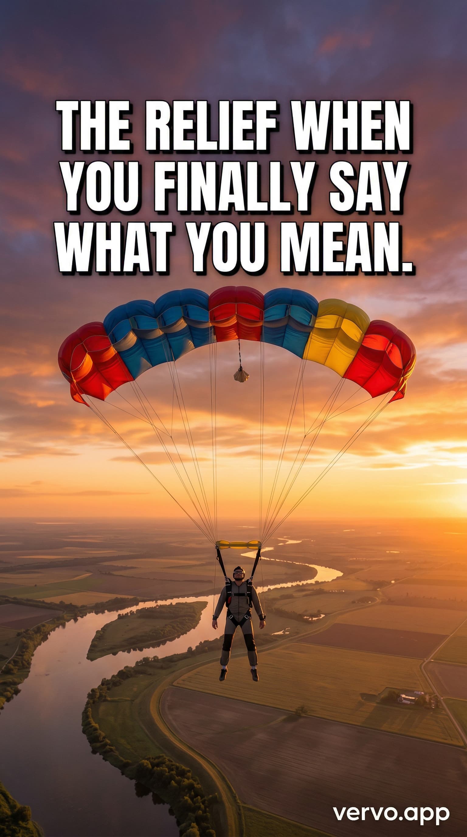 A skydiver descends under a colorful parachute against an orange and purple sunset sky. Bold white text reads: THE RELIEF WHEN YOU FINALLY SAY WHAT YOU MEAN.